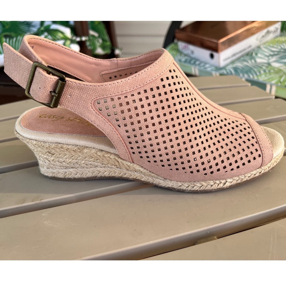 Easy Street Stacy Blush Pink Linen Perforated Wedge Sandals Womens 6.5 W Wide